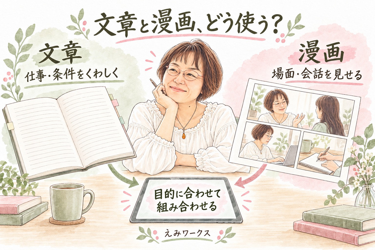 文章は仕事・条件を詳しく、漫画は場面・会話を。目的に合わせて組み合わせます。