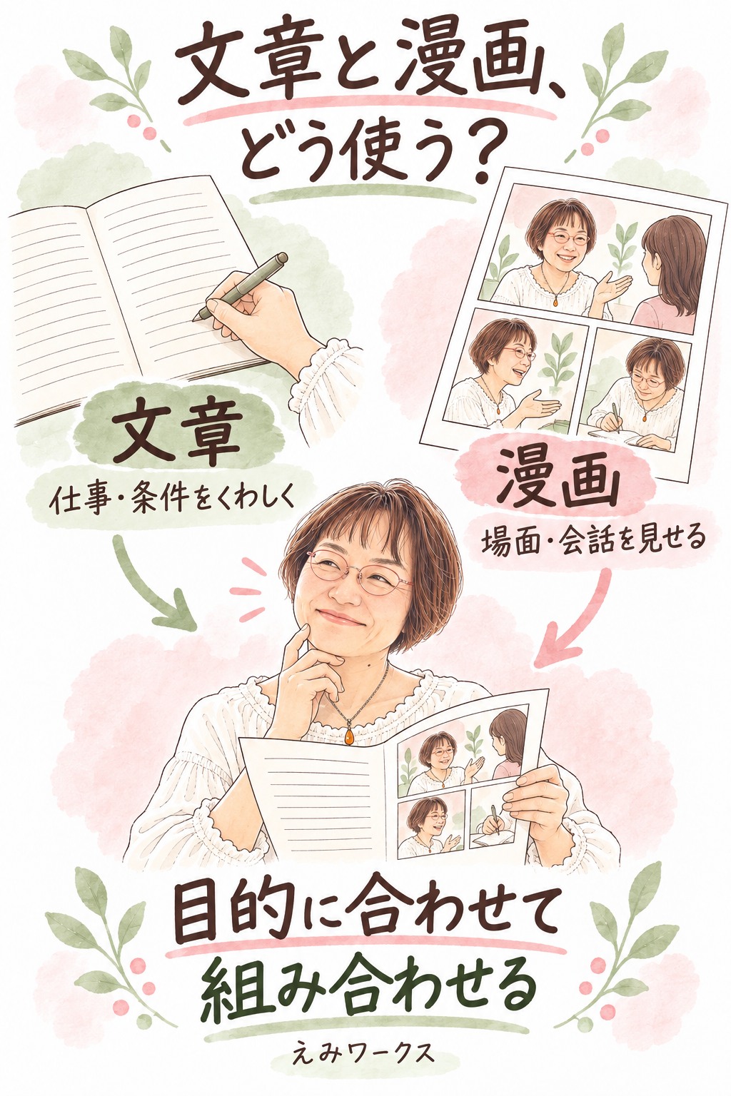 文章は仕事・条件を詳しく、漫画は場面・会話を。目的に合わせて組み合わせます。