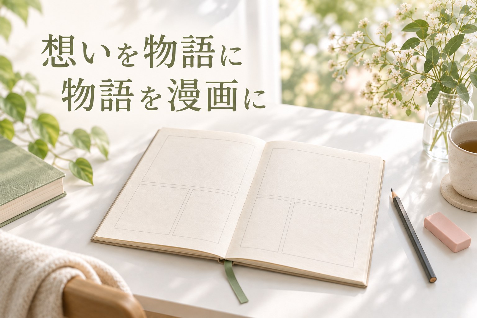 想いを物語に　物語を漫画に（AI生成イメージ）