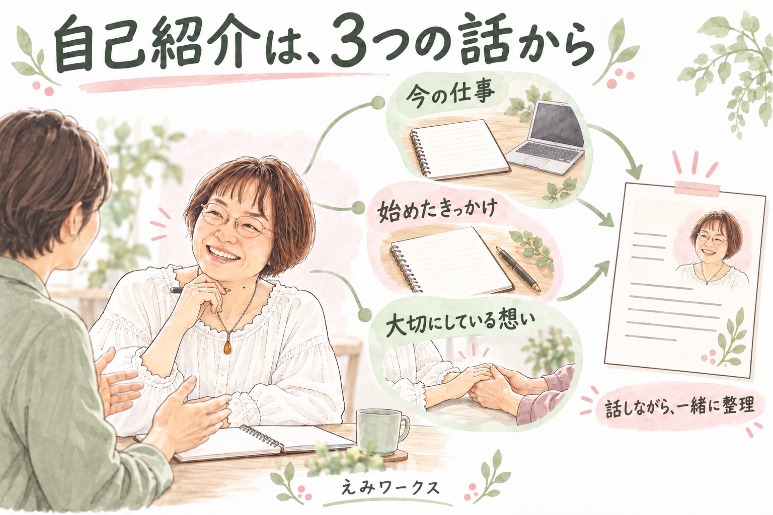 今の仕事・始めたきっかけ・大切にしている想いを、話しながら一緒に整理します。