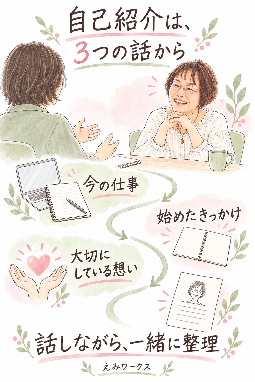 今の仕事・始めたきっかけ・大切にしている想いを、話しながら一緒に整理します。