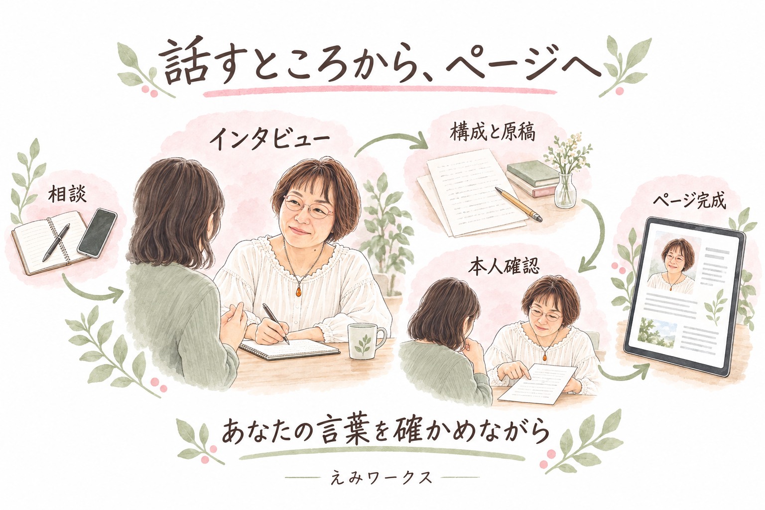 相談、インタビュー、構成と原稿、本人確認、ページ完成。あなたの言葉を確かめながら進めます。
